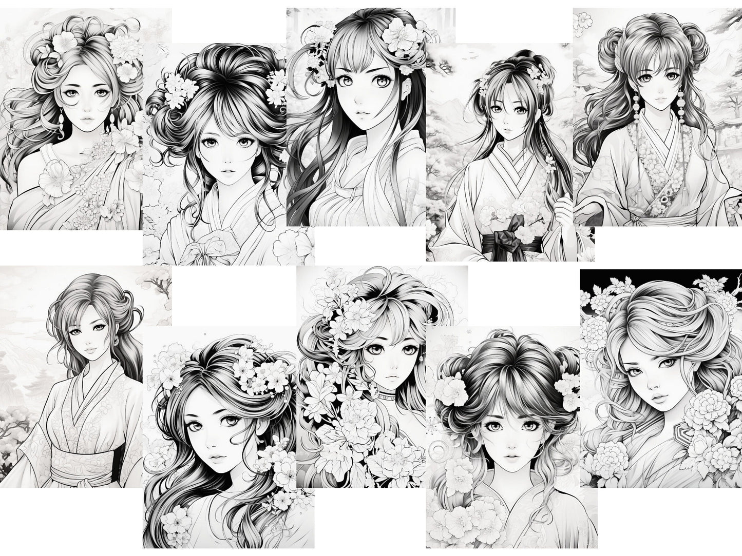 Mujer Kimono Japonesa, mujeres hermosas, páginas para colorear, colorear en escala de grises, chicas asiáticas, chicas japonesas, colorear kimono, colorear japonesas