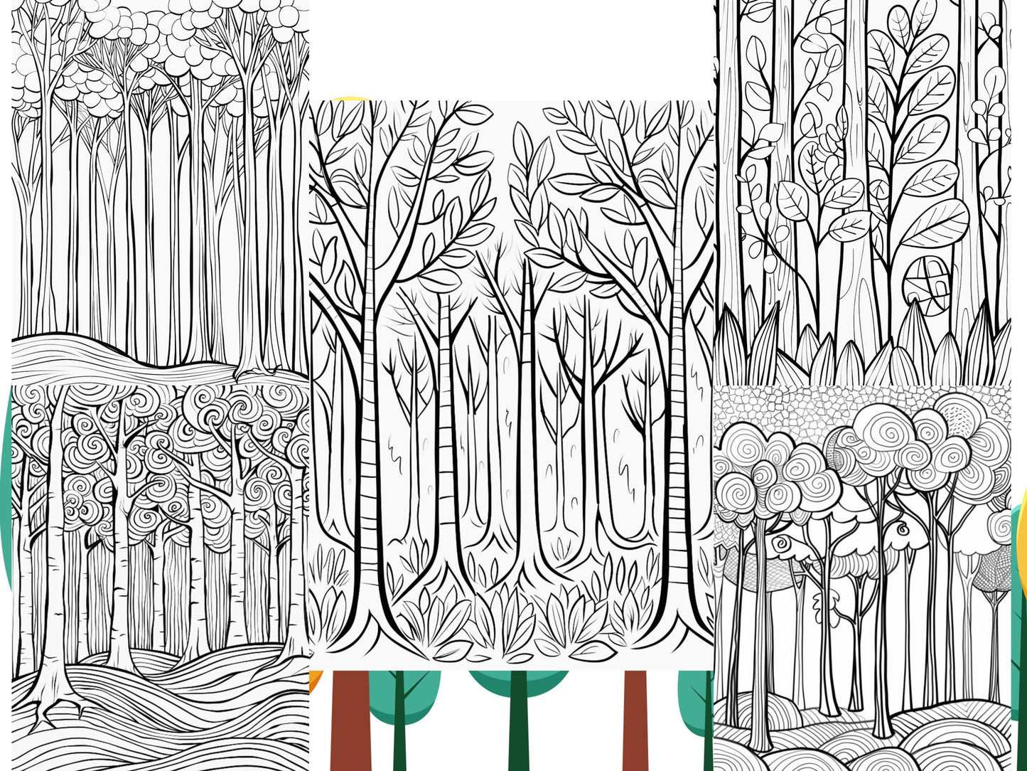 Páginas para colorear de bosques / Patrones de árboles imprimibles y diseños de bosques mágicos / Hojas para colorear con motivos florales y geométricos para adultos y niños