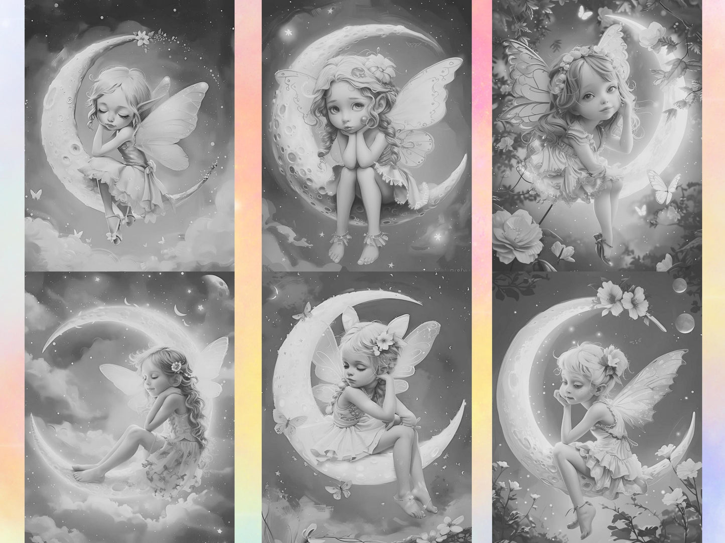 Hada de la luna, Coloración en escala de grises, Hadas de fantasía, Libro para colorear de hadas, Páginas para colorear de hadas, Pequeña hada linda, Libro para colorear de hadas