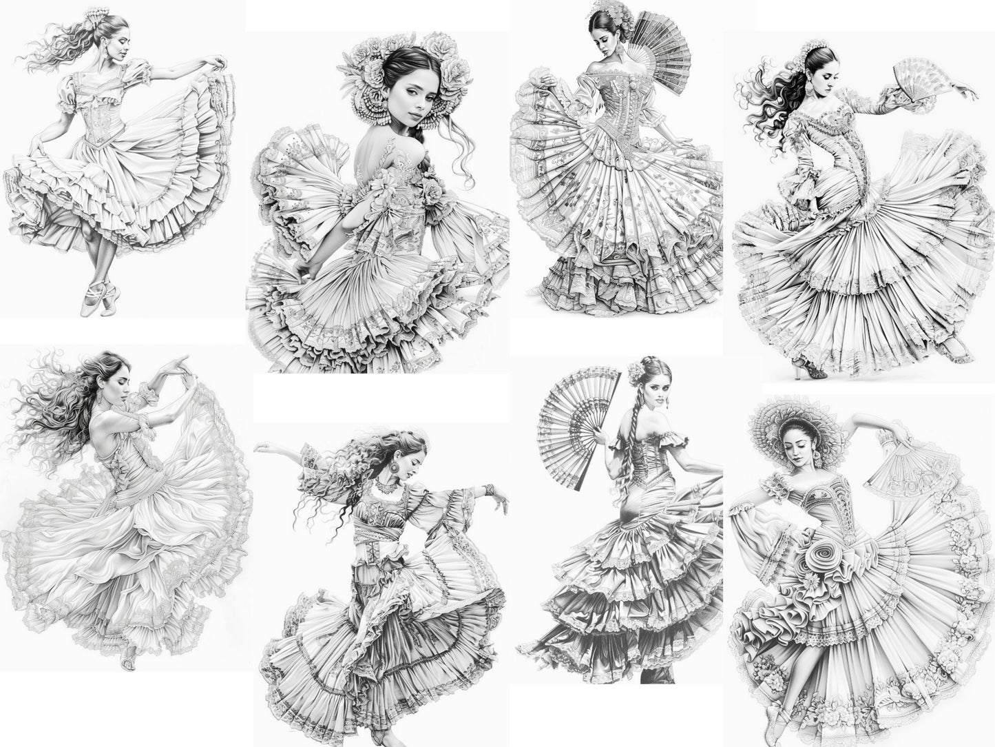 Bailarina de flamenco, Coloración de bailarina, Expresión creativa, Color en escala de grises, Bailarinas vibrantes, Coloración para adultos, Libro para colorear de danza, Bailarina española