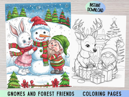 Dibujos para colorear de gnomos navideños, gnomos festivos, animales del bosque de invierno, libro para colorear de vacaciones, dibujos para colorear de invierno, dibujos para colorear de gnomos imprimibles