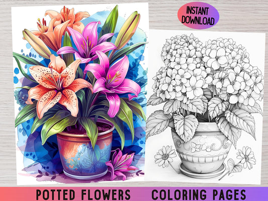 Libro para colorear flores, flores en macetas, páginas para colorear plantas, colorear en escala de grises, páginas para colorear flores, páginas para colorear flores, colorear para adultos
