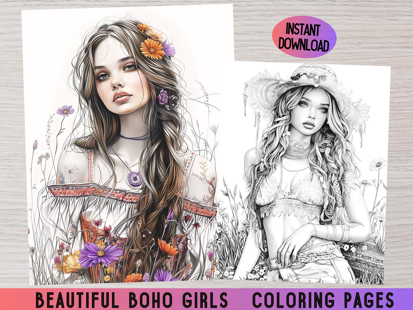 Páginas para colorear de hermosas chicas boho, moda boho, páginas para colorear de mujeres, dibujos para colorear para adultos, bellezas para colorear, chicas boho, pdf