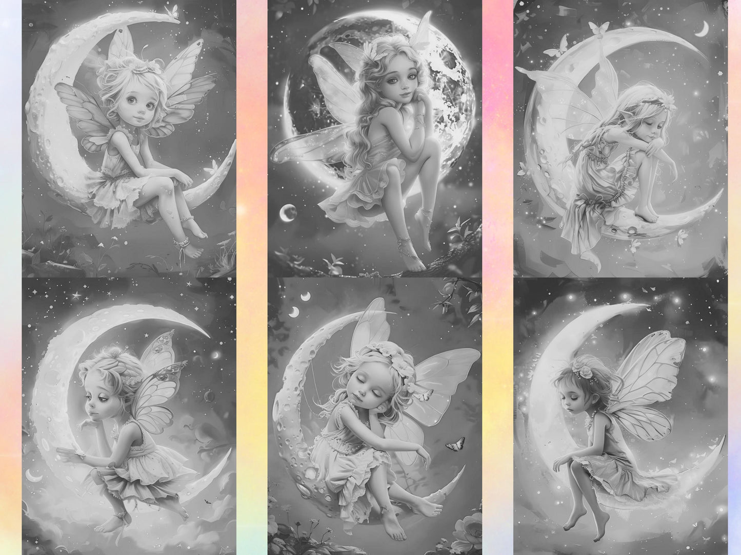 Hada de la luna, Coloración en escala de grises, Hadas de fantasía, Libro para colorear de hadas, Páginas para colorear de hadas, Pequeña hada linda, Libro para colorear de hadas