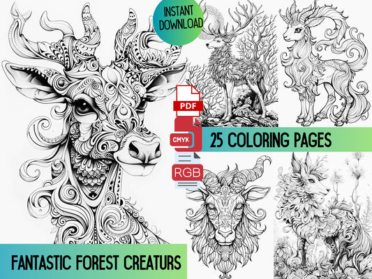 Fantásticos animales del bosque para colorear páginas, colorear fantasía, colorear adultos, colorear digital, colorear imprimible, descarga digital, Pdf