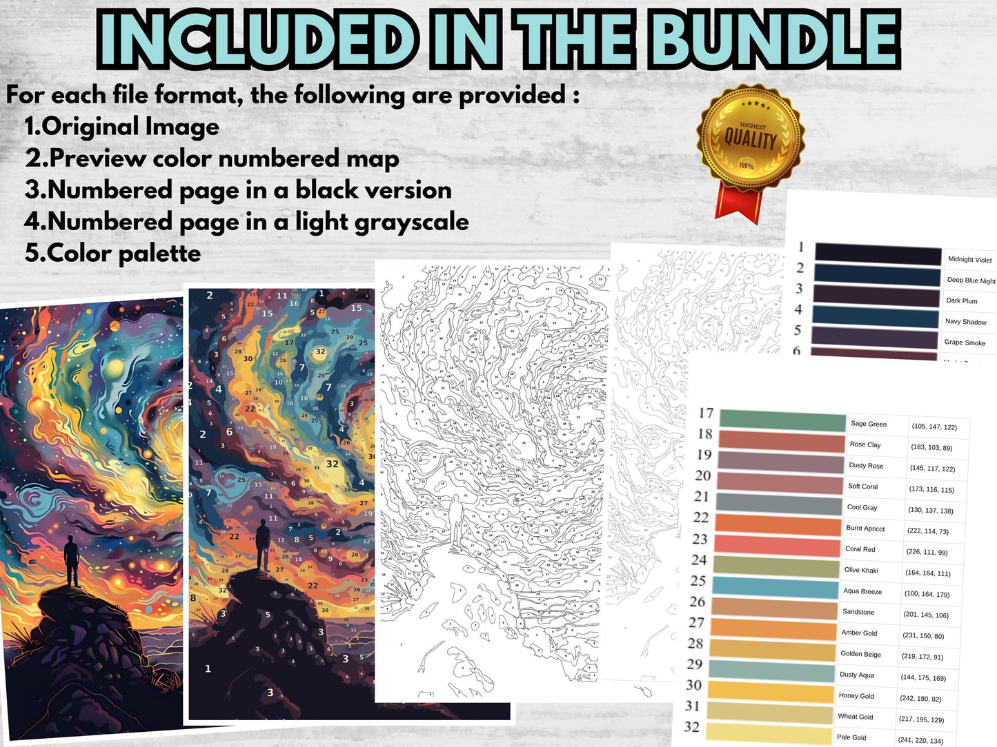 Colorear por números para adultos, páginas para colorear del espacio, galaxias y paisajes imprimibles en PDF y PNG, libro para colorear digital de descarga instantánea