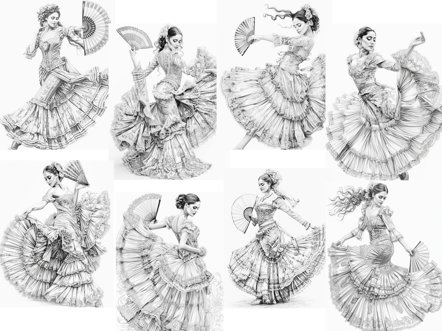 Bailarina de flamenco, Coloración de bailarina, Expresión creativa, Color en escala de grises, Bailarinas vibrantes, Coloración para adultos, Libro para colorear de danza, Bailarina española
