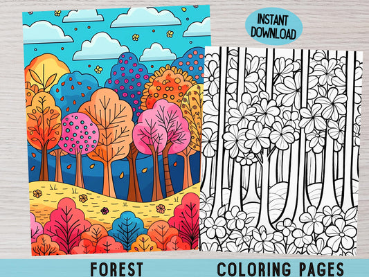 Páginas para colorear de bosques / Patrones de árboles imprimibles y diseños de bosques mágicos / Hojas para colorear con motivos florales y geométricos para adultos y niños