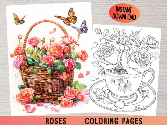 Dibujos para colorear de rosas / Dibujos para colorear de rosas para imprimir / Libro para colorear de flores / Dibujos para colorear relajantes para adultos / Descarga digital, Dibujos para colorear de la naturaleza