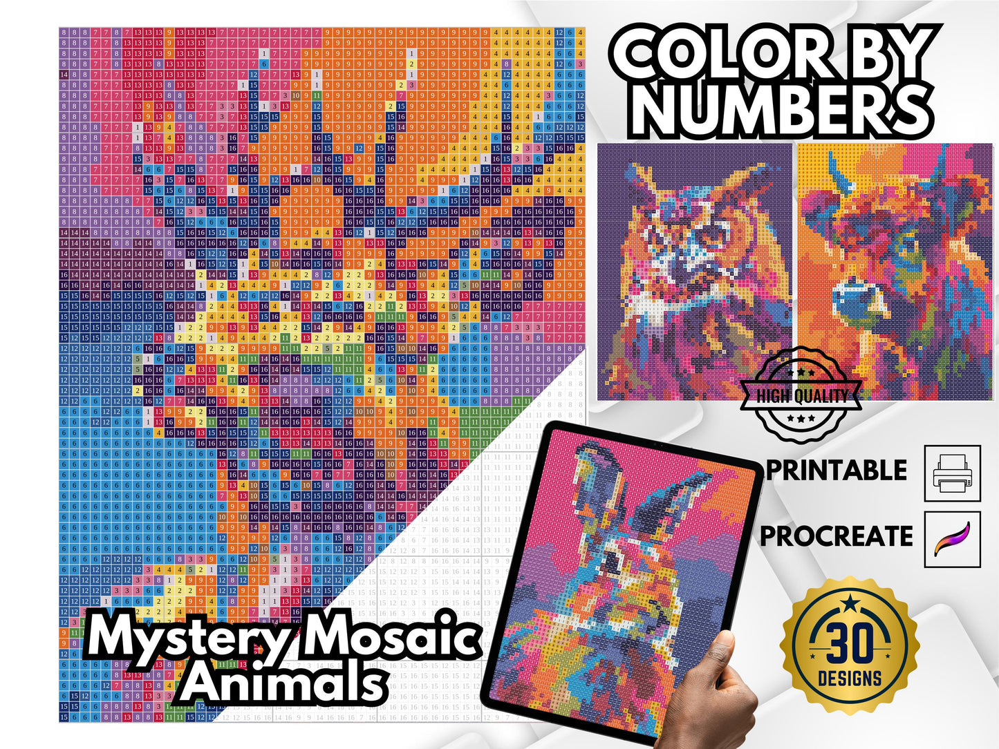 Animales de mosaico misteriosos, colorear animales por números, animales pixel art, colorear mosaicos relajantes, colorear misterios divertidos para niños y adultos