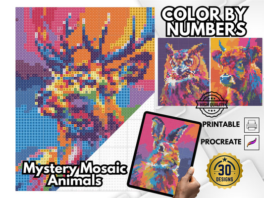 Animales de mosaico misteriosos, colorear animales por números, animales pixel art, colorear mosaicos relajantes, colorear misterios divertidos para niños y adultos