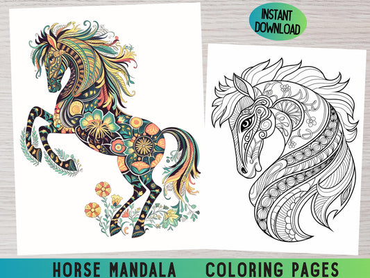 Dibujos de caballos para colorear, dibujos de caballos para imprimir, dibujos de caballos para colorear para adultos, diseños intrincados, mandalas de caballos, libros para colorear de caballos, páginas relajantes