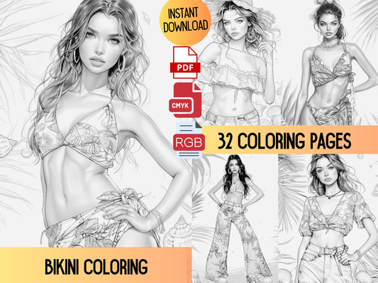 Coloración de bikini, Coloración de verano, Coloración para adultos, Páginas para colorear para adultos, Coloración de moda, Coloración de moda de verano, Ilustración de moda