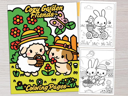 Dibujos para colorear acogedores, libro para colorear, descarga instantánea, dibujos para colorear fáciles, descarga digital, amigos de la cabaña, dibujos para colorear del jardín