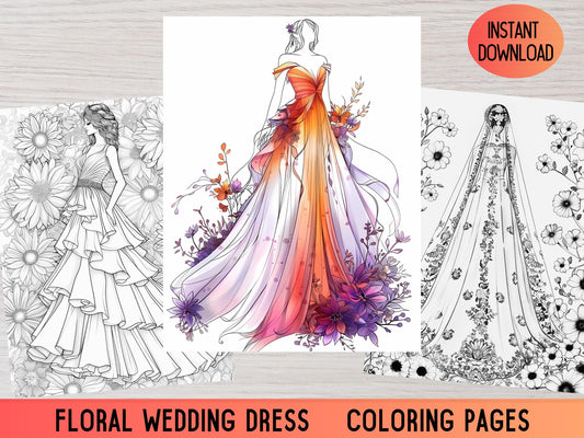 Libro para colorear de vestidos, Páginas para colorear de vestidos de novia de flores, Páginas para colorear de vestidos, Coloración en escala de grises, Libro para colorear para adultos, Pdf, Vestido floral