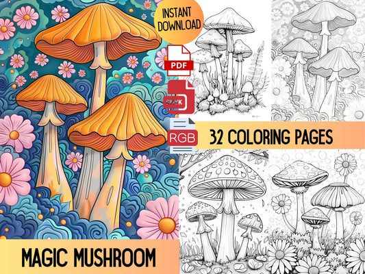 Coloración de setas, Libro para colorear setas, Libro para colorear, Coloración para adultos, Páginas para colorear, Alivio del estrés, Páginas para colorear psicodélicas