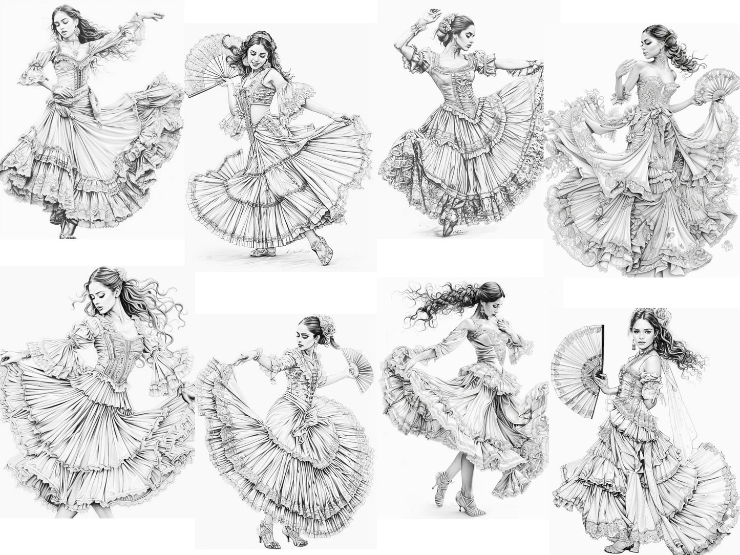 Bailarina de flamenco, Coloración de bailarina, Expresión creativa, Color en escala de grises, Bailarinas vibrantes, Coloración para adultos, Libro para colorear de danza, Bailarina española