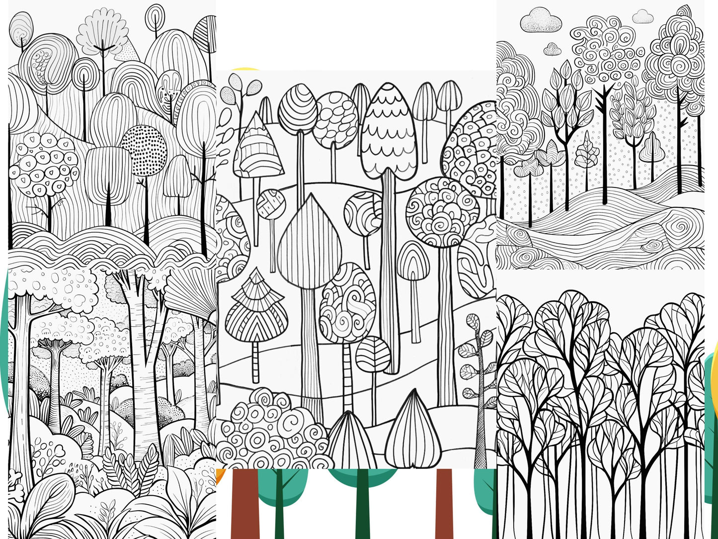 Páginas para colorear de bosques / Patrones de árboles imprimibles y diseños de bosques mágicos / Hojas para colorear con motivos florales y geométricos para adultos y niños