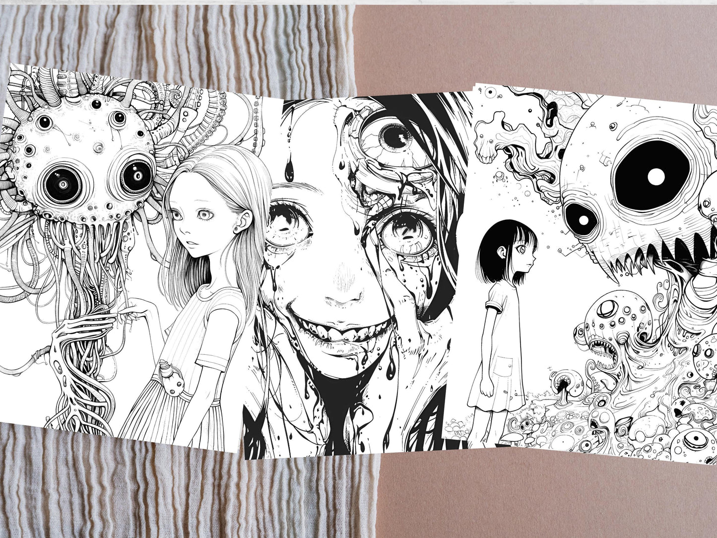 Dibujos para colorear de manga y terror, dibujos para adultos, dibujos espeluznantes, dibujos de miedo, dibujos de monstruos, libros de terror, manga oscuro