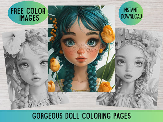 Página para colorear de muñecas, Muñeca imprimible, Lindas páginas para colorear de muñecas, Libro para colorear de muñecas, Muñecas para colorear, Páginas para colorear para adultos, Coloración en escala de grises