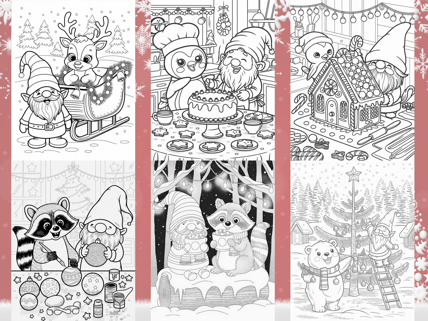 Dibujos para colorear de gnomos navideños, gnomos festivos, animales del bosque de invierno, libro para colorear de vacaciones, dibujos para colorear de invierno, dibujos para colorear de gnomos imprimibles