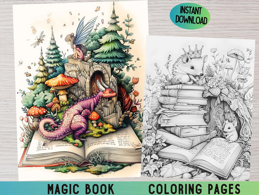 Libro de colorear de cuentos de hadas mágicos para adultos: páginas imprimibles en escala de grises con gnomos, unicornios, búhos y zorros: arte de colorear de fantasía
