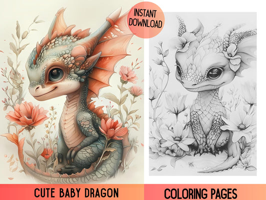 Lindo dragón para colorear, colorear para adultos, flores y dragones, colorear dragones, páginas para colorear dragones, colorear en escala de grises, colorear fantasía
