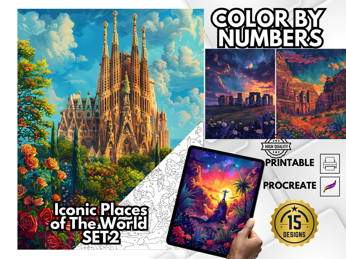 Libro para colorear paisajes por números – Volumen 2, Dibujos relajantes para adultos, Dibujos fáciles para colorear por números, Pósters de viajes, Arte de lugares emblemáticos del mundo