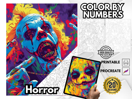 Páginas de terror para colorear por números, libro para colorear espeluznante y espeluznante, páginas de Halloween para colorear por números, páginas para colorear de monstruos espeluznantes para adultos