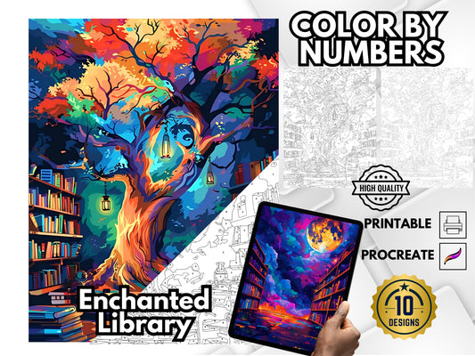 Biblioteca de fantasía para colorear por números, libro para colorear de la Biblioteca Encantada para adultos, páginas imprimibles, colorear la biblioteca, páginas para colorear de fantasía