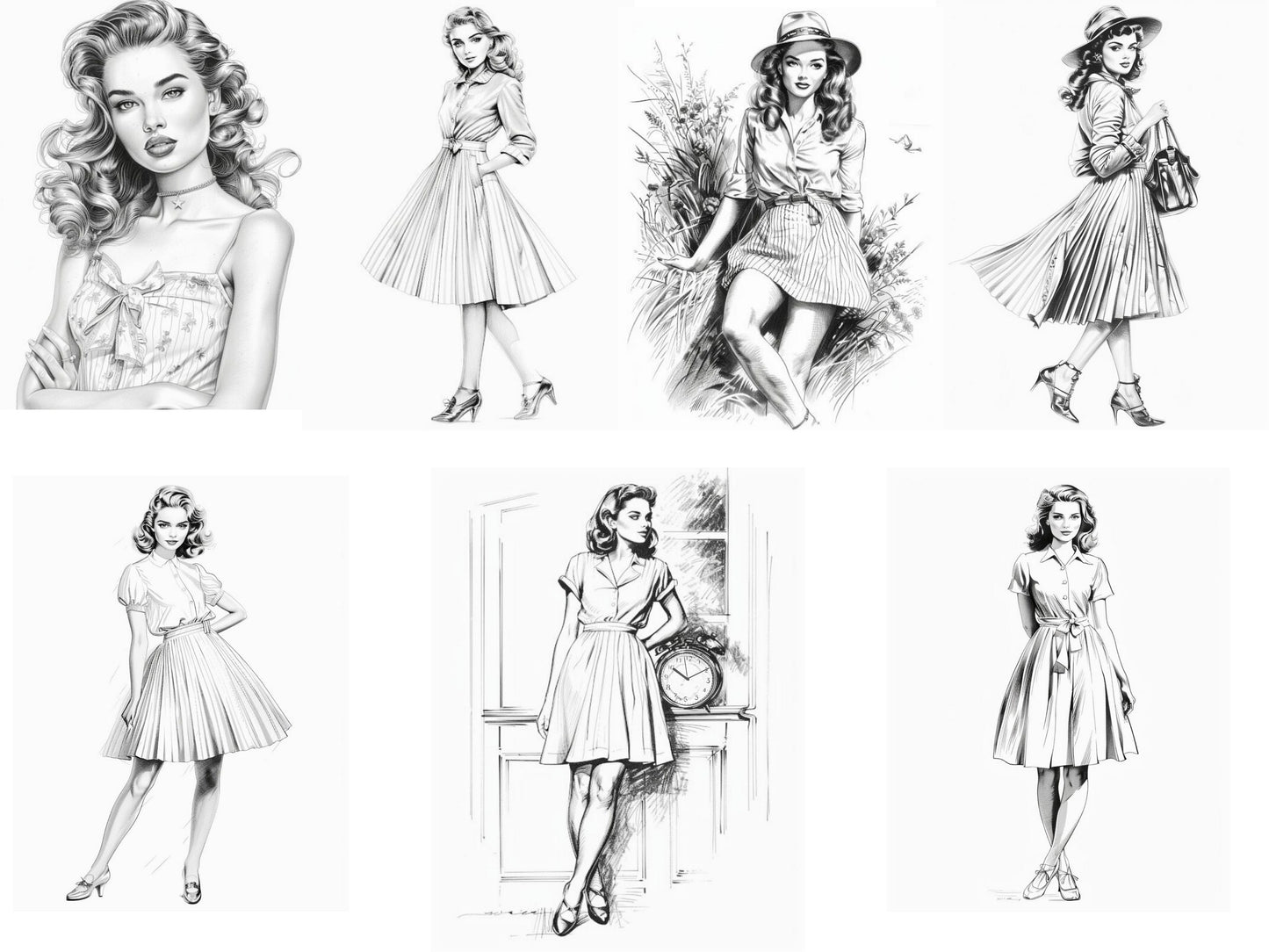 Libro para colorear de ilustración de moda, páginas para colorear para adultos moda, libro para colorear para adultos moda, mujer de moda de los años 50, coloración modelo de los años 50