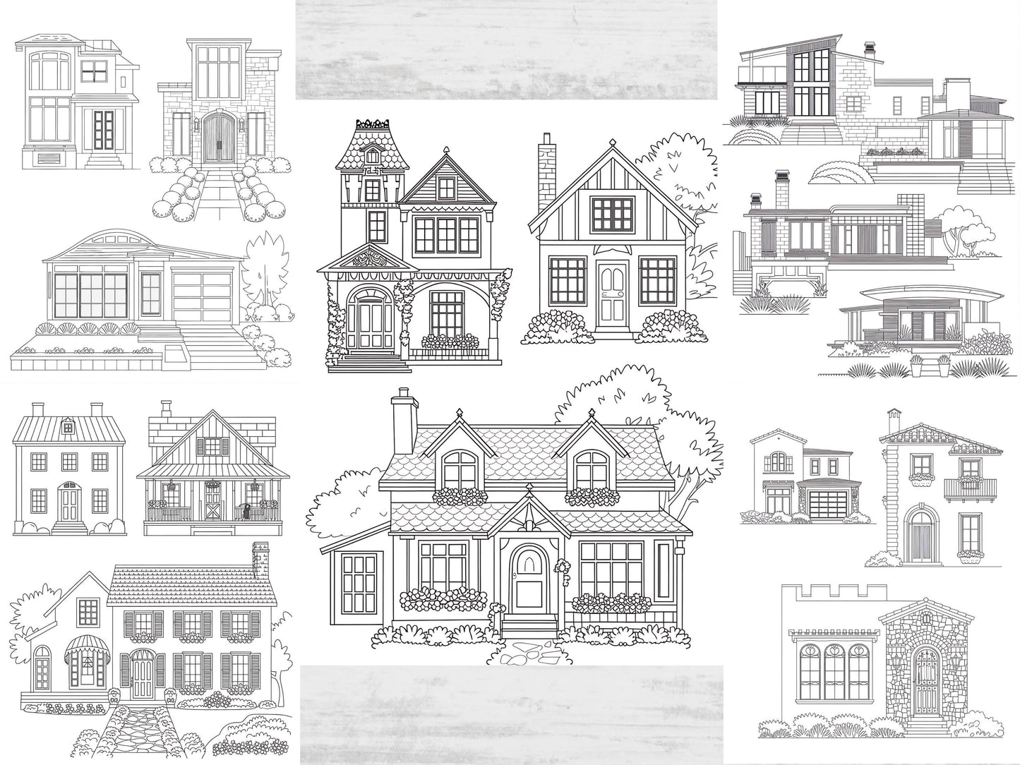 Dibujos de casas para colorear, dibujos acogedores para colorear, imprimibles y digitales, para aliviar el estrés, para adultos, para colorear el hogar