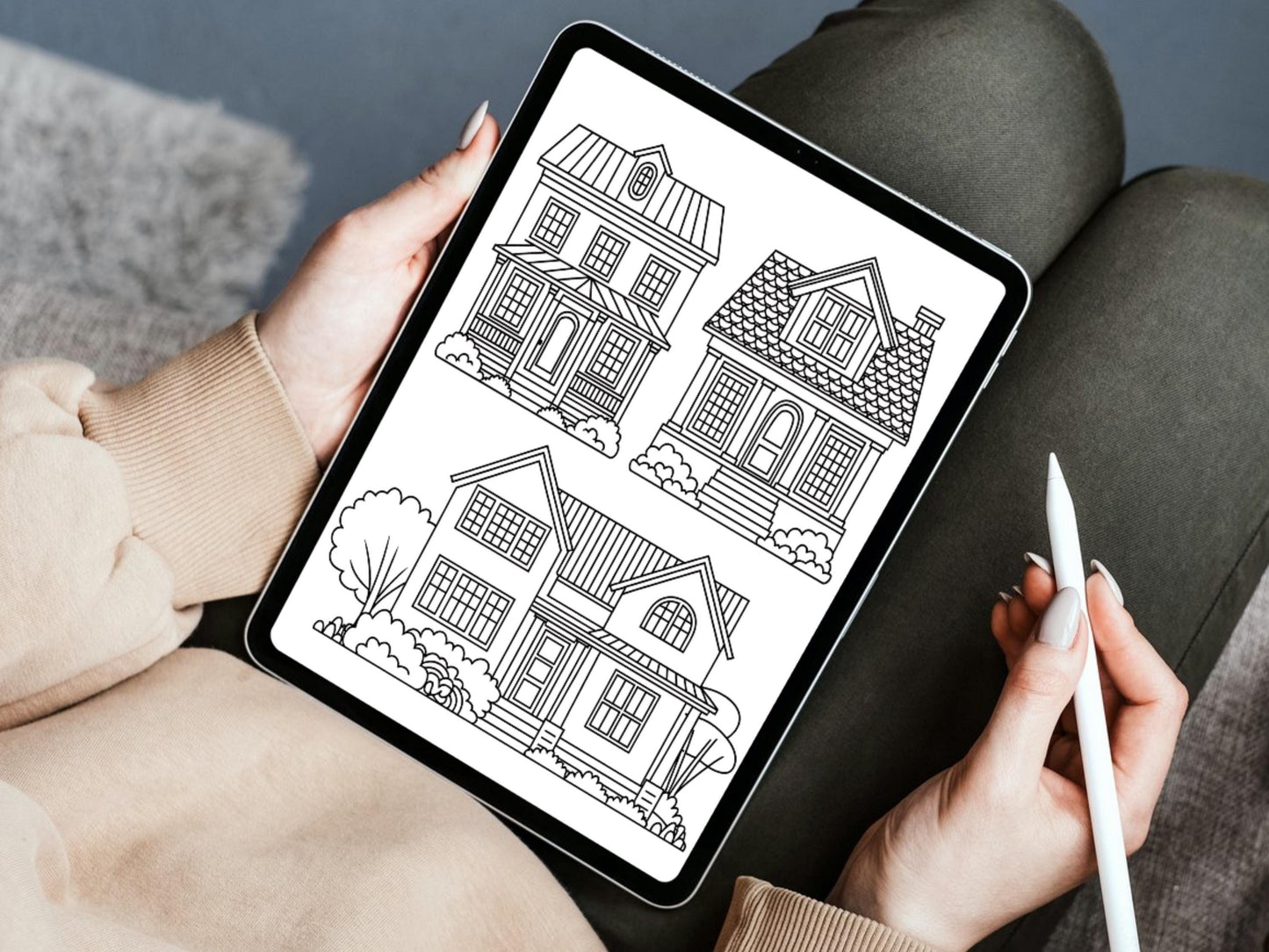 Dibujos de casas para colorear, dibujos acogedores para colorear, imprimibles y digitales, para aliviar el estrés, para adultos, para colorear el hogar