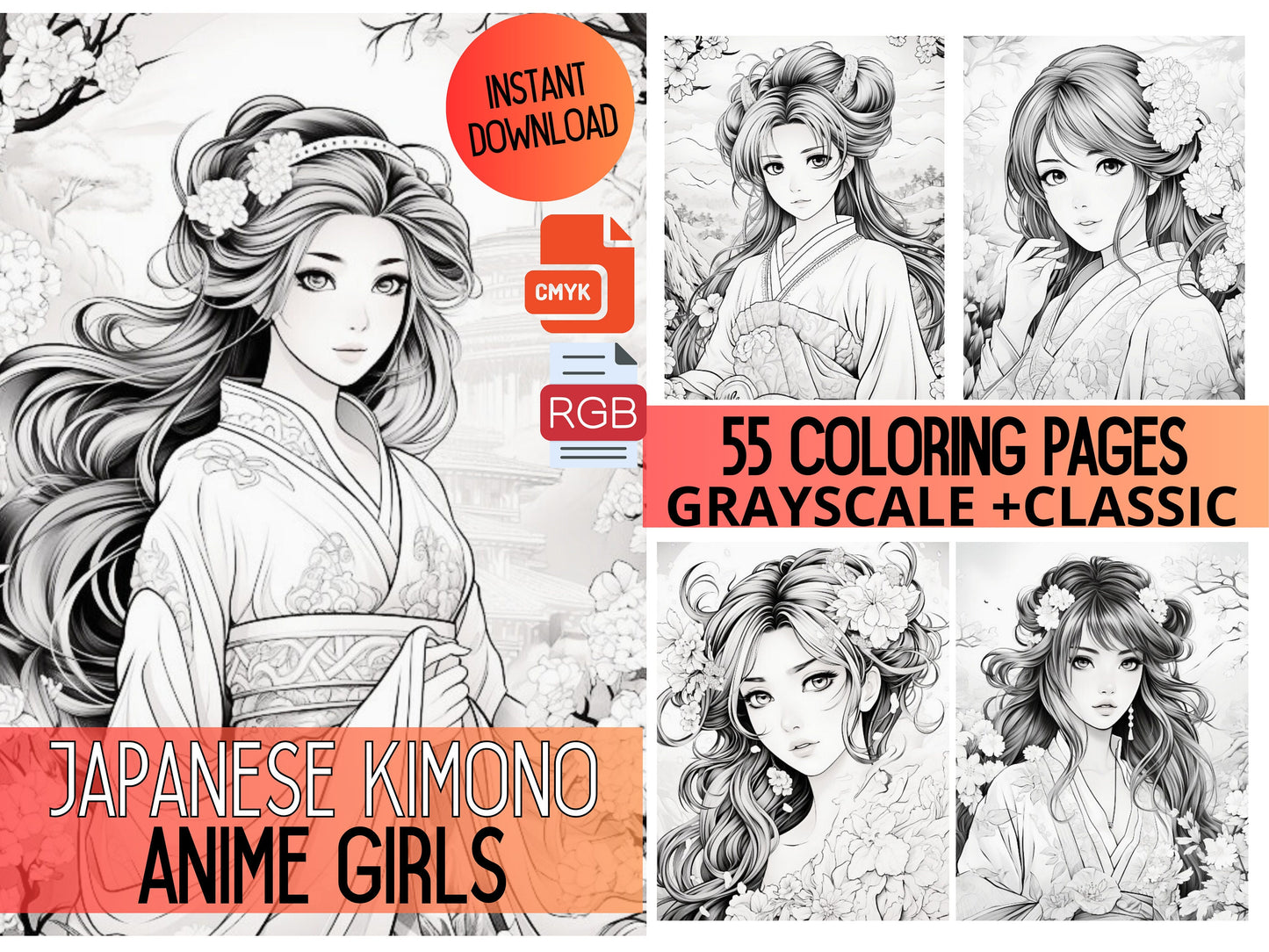 Mujer Kimono Japonesa, mujeres hermosas, páginas para colorear, colorear en escala de grises, chicas asiáticas, chicas japonesas, colorear kimono, colorear japonesas