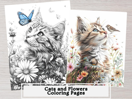 Página para colorear de gatos, páginas para colorear de gatos para imprimir, páginas para colorear de gatos para adultos, gatos y plantas, páginas para colorear de gatos