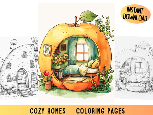 Casas acogedoras, Páginas para colorear de espacios acogedores, Páginas para colorear lindas, Libro para colorear acogedor, Dibujos para colorear imprimibles, Dibujos para colorear para adultos, Páginas para colorear de hogares