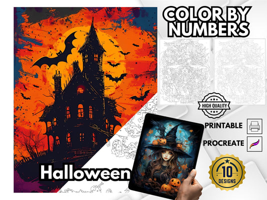 Halloween para colorear por números, Halloween imprimible, Halloween para colorear por números, libro para colorear digital, colorear para adultos, colorear por números fácil