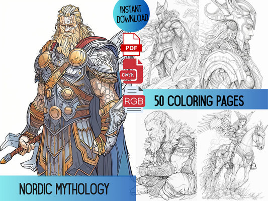 Libro para colorear nórdico, mitología nórdica, colorear fantasía, colorear adultos, libro para colorear escandinavo, Odín, libro para colorear mitología