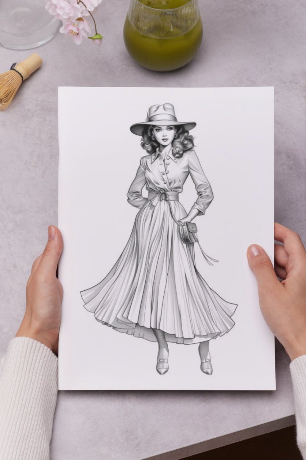 Libro para colorear de ilustración de moda, páginas para colorear para adultos moda, libro para colorear para adultos moda, mujer de moda de los años 50, coloración modelo de los años 50