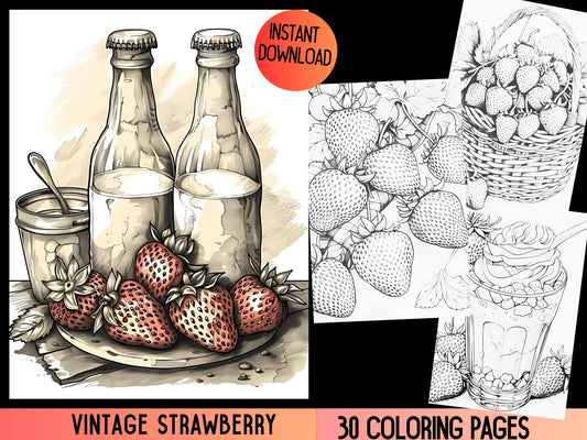 Libro para colorear vintage de tarta de fresa, para colorear de tarta de fresa, Libro para colorear para imprimir, libro para colorear vintage, Libro para colorear para adultos