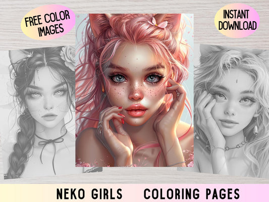 Páginas para colorear de Neko, colorear Manga, chica Neko, colorear japonés, libro para colorear para adultos, Neko, páginas para colorear para adultos, páginas para colorear japonesas,