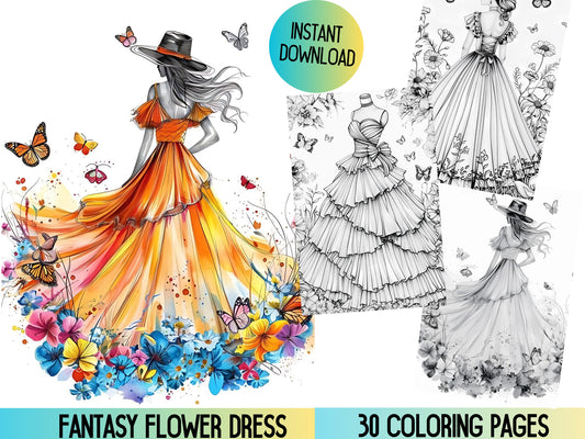 Libro para colorear de vestidos, Páginas para colorear de vestidos de flores, Coloración de fantasía, Páginas para colorear de vestidos, Coloración en escala de grises, Libro para colorear para adultos, Pdf