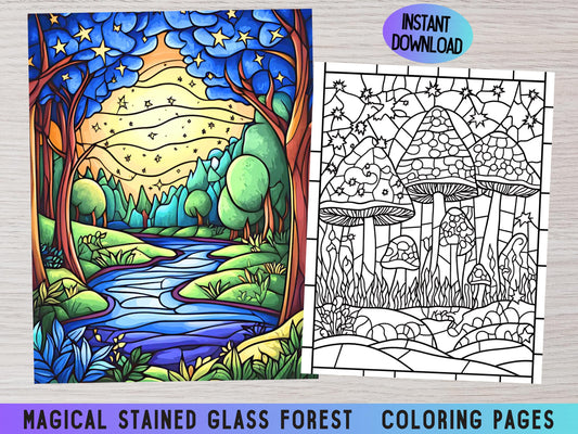 Vidrieras para colorear, Libro para colorear vidrieras, Páginas para colorear vidrieras, Bosque encantado para colorear, Colorear fantasía