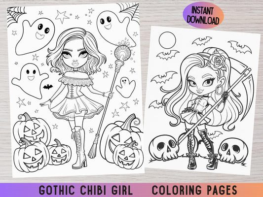 Dibujos para colorear de Halloween de Chibi, Dibujos para colorear góticos, Libro para colorear de Chibi, Páginas para colorear de Halloween, Dibujos para colorear de Chibi para imprimir, Dibujos para colorear para adultos