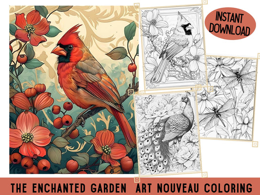El jardín encantado, libro para colorear Art Nouveau, dibujos para colorear Art Nouveau, páginas para colorear Art Nouveau, alivio del estrés, páginas para colorear florales