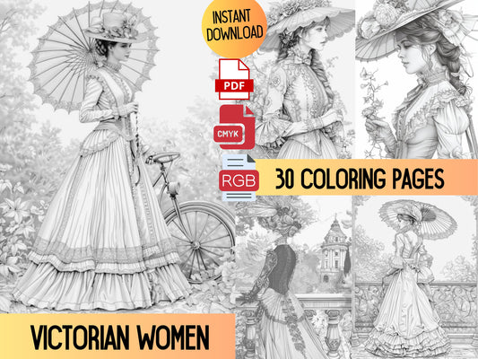 Dibujos para colorear de mujeres victorianas, moda victoriana, dibujos victorianos para colorear, dibujos para colorear de vestidos imprimibles, dibujos para colorear de vestidos, PDF