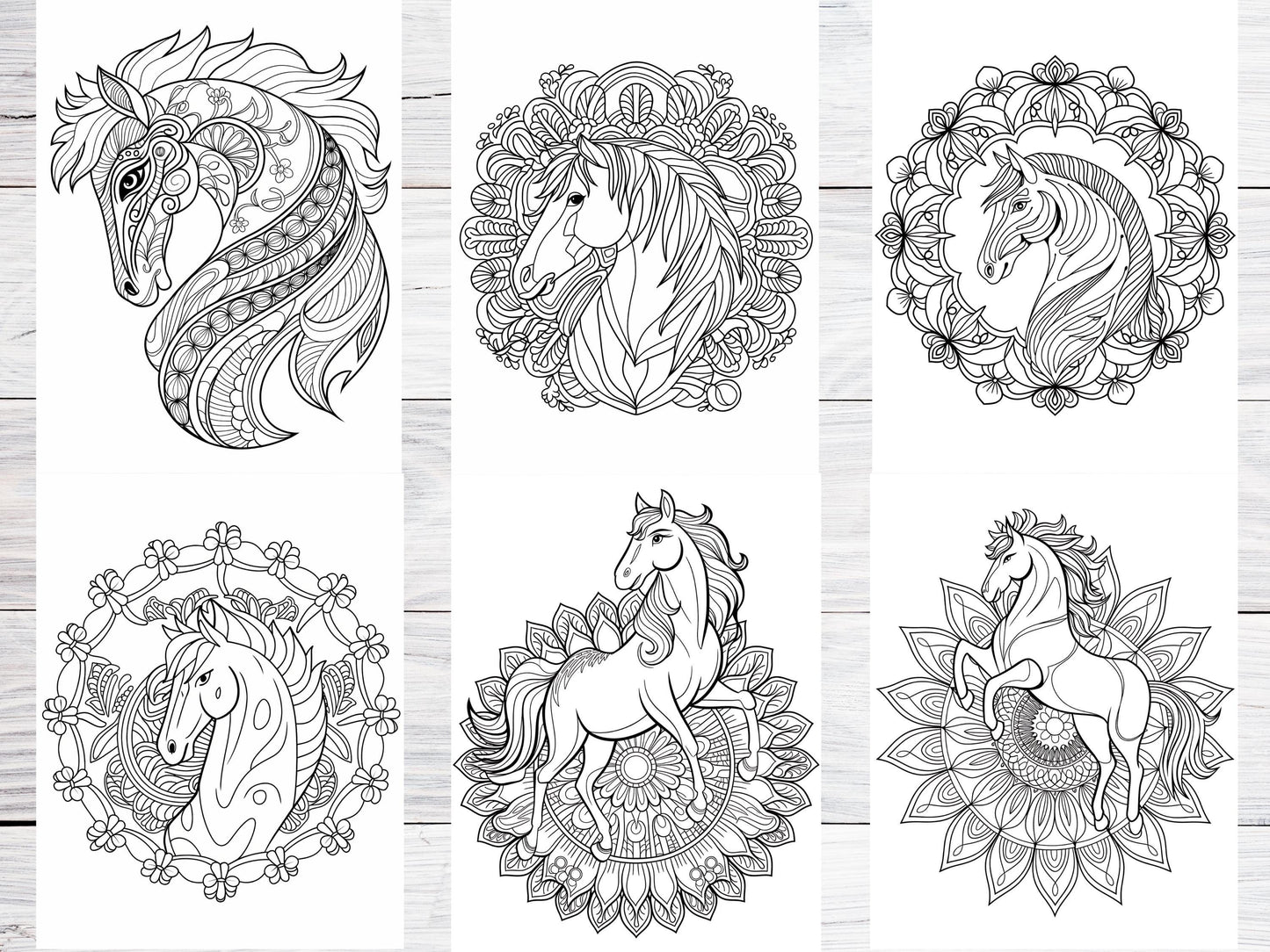 Dibujos de caballos para colorear, dibujos de caballos para imprimir, dibujos de caballos para colorear para adultos, diseños intrincados, mandalas de caballos, libros para colorear de caballos, páginas relajantes