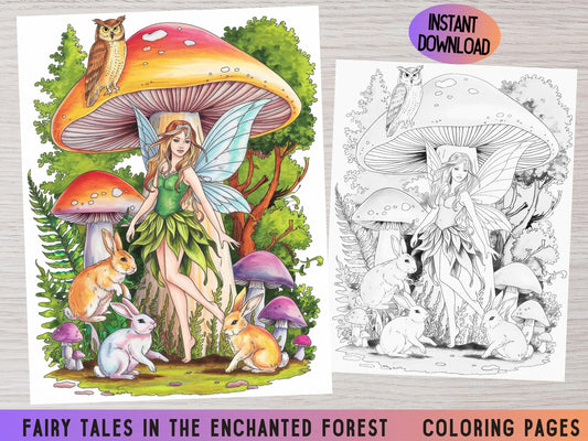 Página para colorear de cuentos de hadas, Páginas para colorear de hadas para imprimir, Libro para colorear, Páginas para colorear de fantasía/Páginas para colorear de bosques encantados