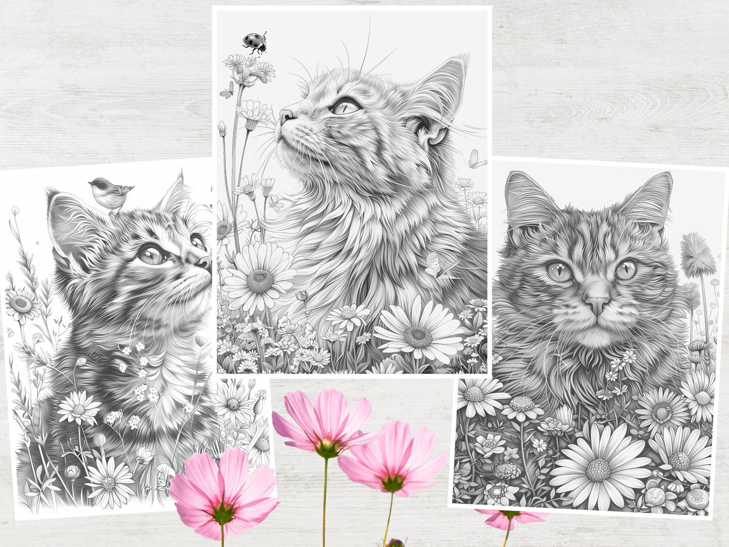 Página para colorear de gatos, páginas para colorear de gatos para imprimir, páginas para colorear de gatos para adultos, gatos y plantas, páginas para colorear de gatos