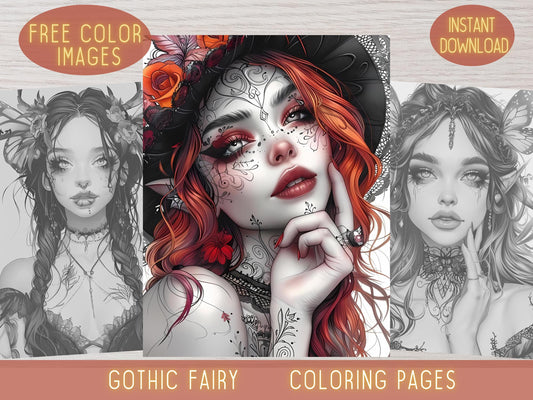 Páginas para colorear de hadas góticas, libro para colorear gótico, dibujos para colorear de fantasía, arte de hadas, dibujos para colorear en escala de grises, libro para colorear de hadas/páginas para colorear para adultos